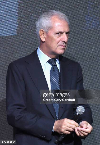 Chief Executive Officer of Pirelli & C. S.p.A., Marco Tronchetti Provera seen on stage during the Pirelli Calendar 2018 Launch press conference at...