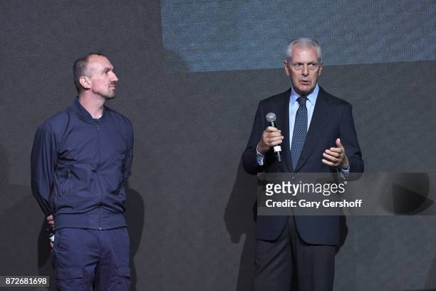 Photographer Tim Walker and Chief Executive Officer of Pirelli & C. S.p.A., Marco Tronchetti Provera seen on stage during the Pirelli Calendar 2018...