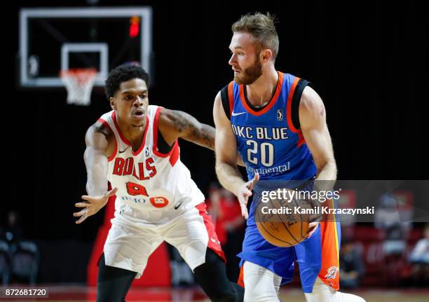 Bryce Alford of the Oklahoma City Blue looks to pass the ball against Jarell Eddie of the Windy City Bulls during the first quarter of an NBA...