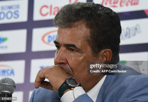 Honduras' coach, Colombian Jorge Luis Pinto, listens to questions during the press conference after the first leg football match of their 2018 World...