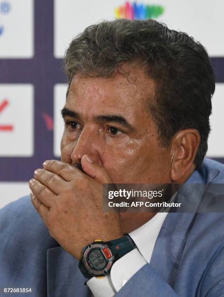 Honduras' coach, Colombian Jorge Luis Pinto, gestures during the press conference after the first leg football match of their 2018 World Cup...