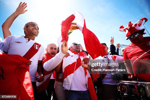 Peru fans sing ahead of the 2018 FIFA World Cup Qualifier match between the New Zealand All Whites and Peru at Westpac Stadium on November 11, 2017...