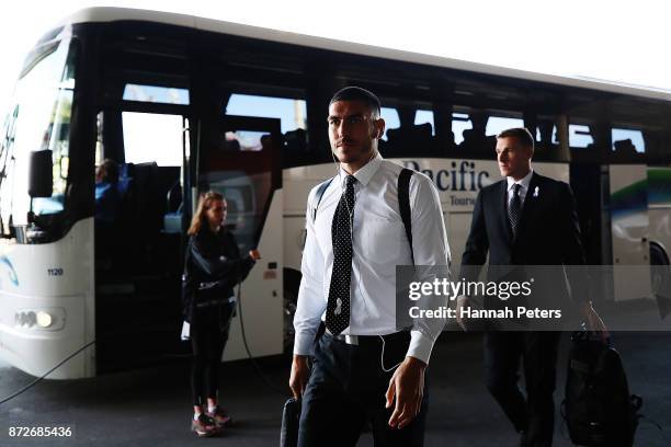 Michael Boxall and Chris Wood of the All Whites arrive for the 2018 FIFA World Cup Qualifier match between the New Zealand All Whites and Peru at...