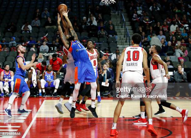 Mike Cobbins of the Oklahoma City Blue battles for the ball with Jarell Eddie of the Windy City Bulls during the second quarter of an NBA G-League...