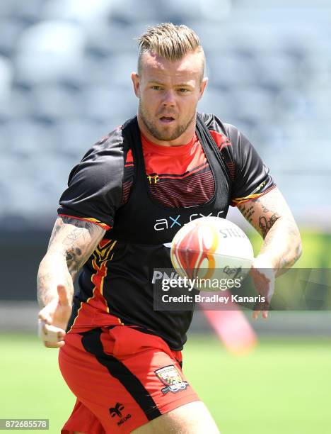 Luke Page passes the ball during a PNG Kumuls Rugby League World Cup captain's run on November 11, 2017 in Port Moresby, Papua New Guinea.