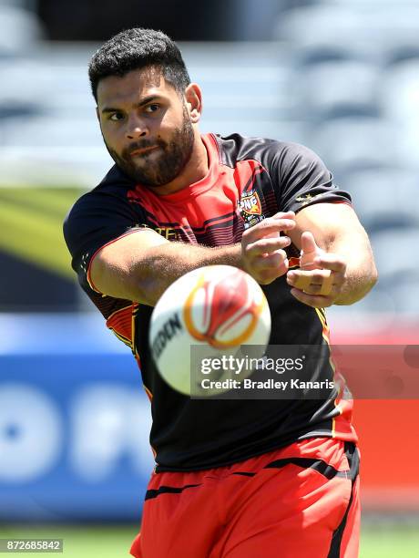 Rhyse Martin passes the ball during a PNG Kumuls Rugby League World Cup captain's run on November 11, 2017 in Port Moresby, Papua New Guinea.