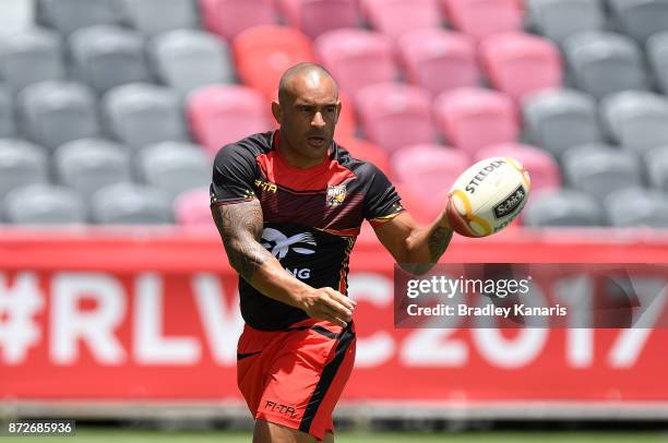 Paul Aiton passes the ball during a PNG Kumuls Rugby League World Cup captain's run on November 11, 2017 in Port Moresby, Papua New Guinea.