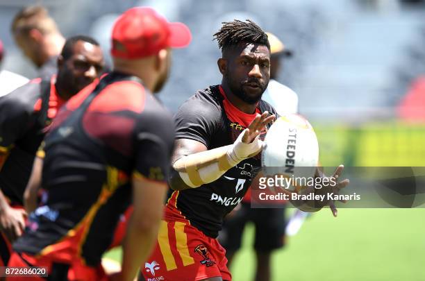 James Segeyaro catches the ball during a PNG Kumuls Rugby League World Cup captain's run on November 11, 2017 in Port Moresby, Papua New Guinea.