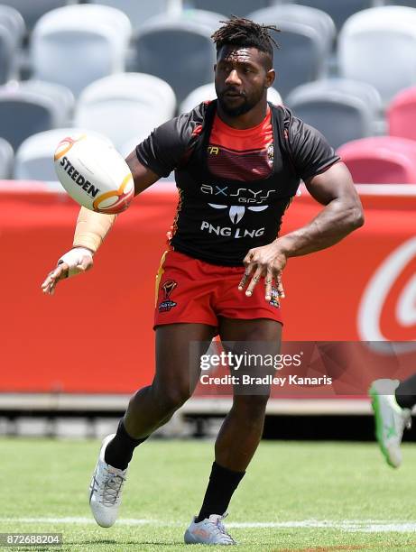 James Segeyaro passes the ball during a PNG Kumuls Rugby League World Cup captain's run on November 11, 2017 in Port Moresby, Papua New Guinea.