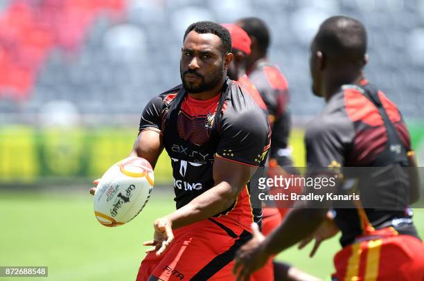 Stanton Albert passes the ball during a PNG Kumuls Rugby League World Cup captain's run on November 11, 2017 in Port Moresby, Papua New Guinea.