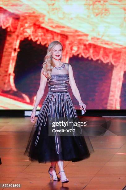 Actress Nicole Kidman speaks during 2017 Alibaba Singles' Day Global Shopping Festival gala at Mercedes-Benz Arena on November 10, 2017 in Shanghai,...