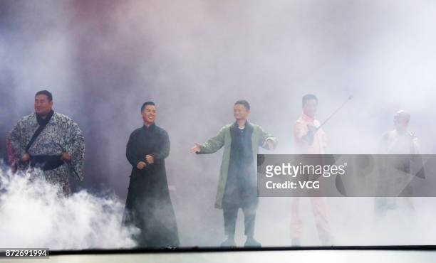 Mongolian sumo champion Asashoryu Akinori, actor Donnie Yen, Alibaba Group Chairman Jack Ma, actor Wu Jing and actor Jet Li attend 2017 Alibaba...