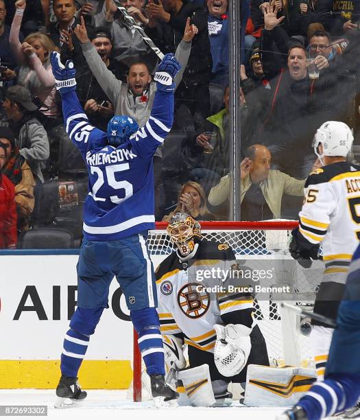 James van Riemsdyk scores the game typing goal against Anton Khudobin of the Boston Bruins at 19:00 of the third period at the Air Canada Centre on...