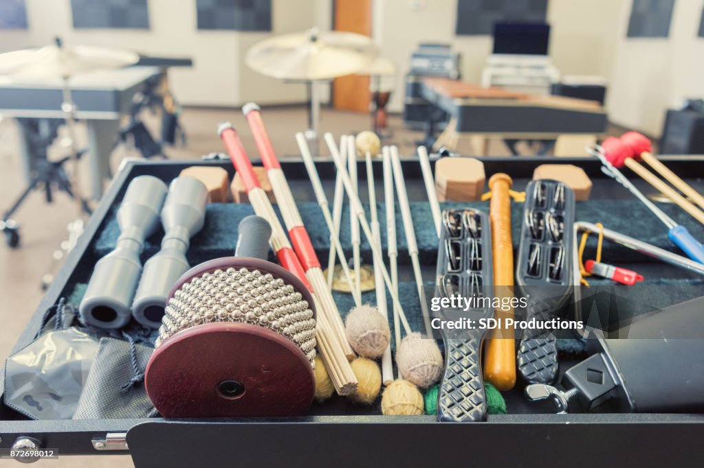 Still life photo of hand held percussion instruments in music studio