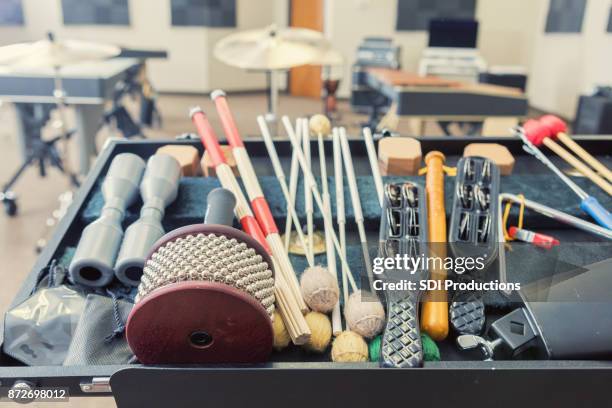 still life photo of hand held percussion instruments in music studio - instrumento de percussão imagens e fotografias de stock