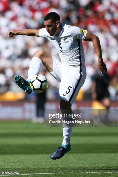 Michael Boxall of New Zealand controls the ball during the 2018 FIFA World Cup Qualifier match between the New Zealand All Whites and Peru at Westpac...