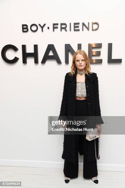 Model Hanne Gaby Odiele, wearing CHANEL, attends as CHANEL celebrates the launch of the Coco Club, a Boy-Friend Watch event at The Wing Soho on...