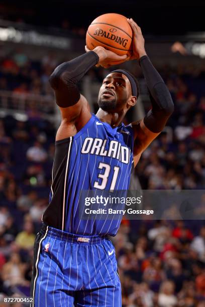 Terrence Ross of the Orlando Magic shoots a free throw against the Phoenix Suns on November 10, 2017 at Talking Stick Resort Arena in Phoenix,...