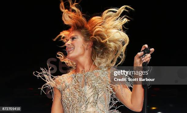 Natalie Bassingthwaighte performs at the Sensis Marquee on Stakes Day at Flemington Racecourse on November 11, 2017 in Melbourne, Australia.