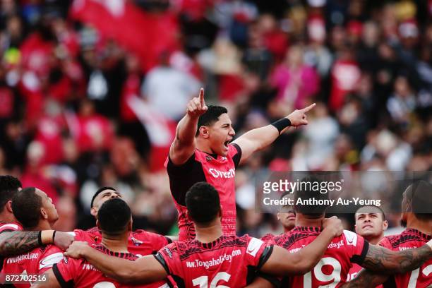 Jason Taumalolo of Tonga leads the Sipi Tau against the Kiwis during the 2017 Rugby League World Cup match between the New Zealand Kiwis and Tonga at...