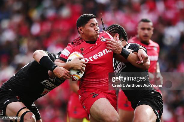 Jason Taumalolo of Tonga on the charge during the 2017 Rugby League World Cup match between the New Zealand Kiwis and Tonga at Waikato Stadium on...