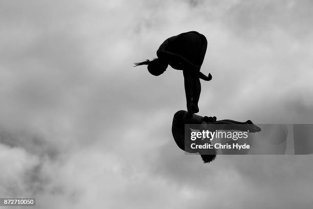 Jellson Jabillin and Cheong Jun Hoong of Malaysia dive in the 10m mixed syncronised final during the FINA Gold Coast Diving Grand Prix at the Gold...