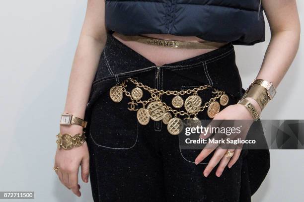 Singer Billie Eilish, Chanel accessory detail, attends the CHANEL celebration of the launch of The Coco Club at The Wing Soho on November 10, 2017 in...