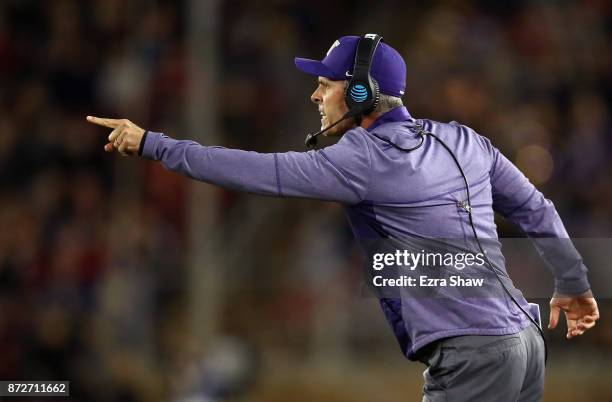 Head coach Chris Petersen of the Washington Huskies shouts to his team during their game against the Stanford Cardinal at Stanford Stadium on...