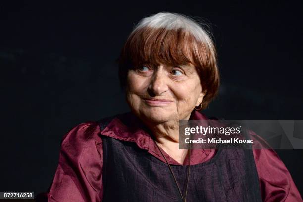 Agnes Varda speaks onstage at the 'World Cinema Master In Conversation: Agnes Varda' at AFI FEST 2017 Presented By Audi at the Egyptian Theatre on...