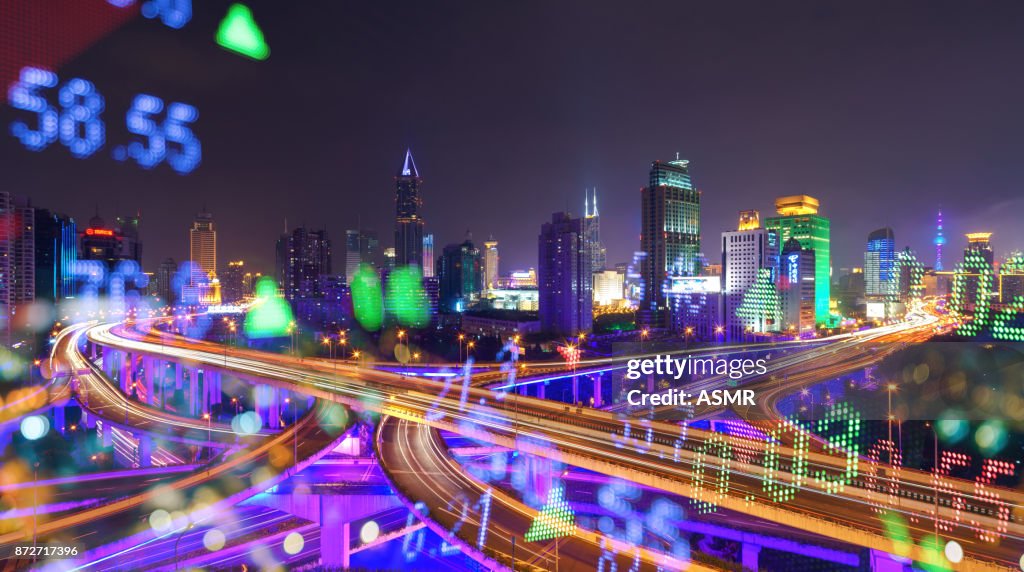 Display stock numbers and shanghai skyline background