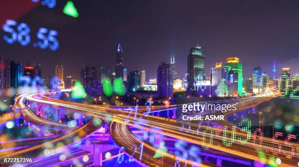 display stock numbers and shanghai skyline background - china city skyline stock pictures, royalty-free photos & images