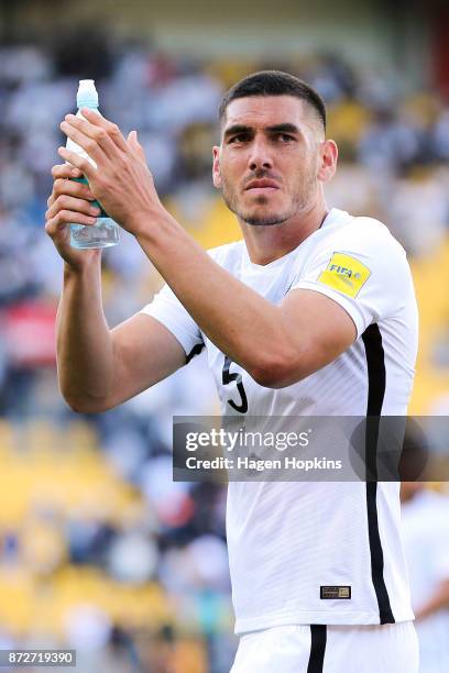 Michael Boxall of New Zealand applauds the crowd during the 2018 FIFA World Cup Qualifier match between the New Zealand All Whites and Peru at...