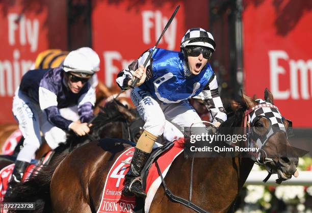 Damian Lane riding Tosen Stardom wins race 8 the Emirates Stakes during 2017 Stakes Day at Flemington Racecourse on November 11, 2017 in Melbourne,...