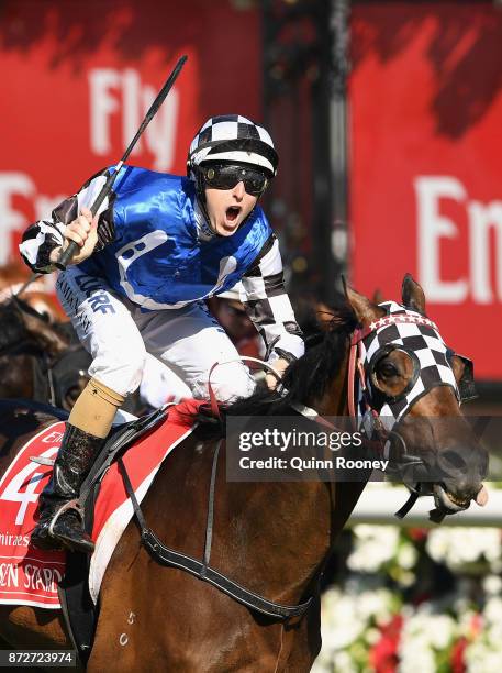 Damian Lane riding Tosen Stardom wins race 8 the Emirates Stakes during 2017 Stakes Day at Flemington Racecourse on November 11, 2017 in Melbourne,...