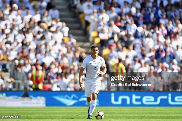 Michael Boxall of the All Whites makes a break during the 2018 FIFA World Cup Qualifier match between the New Zealand All Whites and Peru at Westpac...