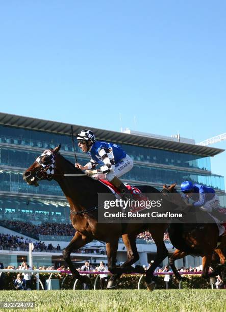 Damian Lane rides Tosen Stardom to win race eight the Emirates Stakes during 2017 Stakes Day at Flemington Racecourse on November 11, 2017 in...