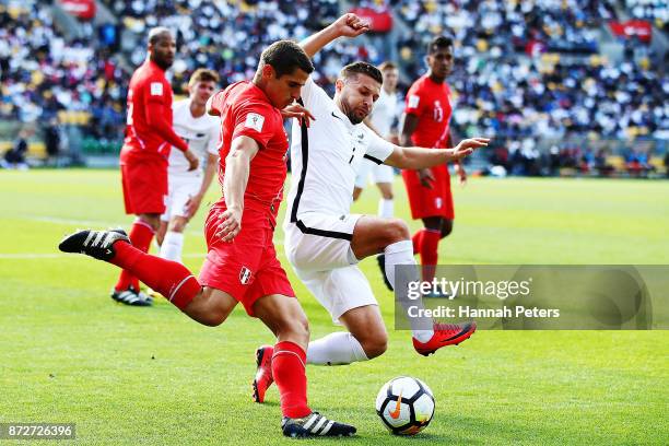 Aldo Corzo of Peru competes with Kosta Barbarouses of the All Whites for the ball during the 2018 FIFA World Cup Qualifier match between the New...