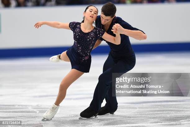 Sumire Suto and Francis Boudreau-Audet of Japan compete in the Pairs free skating during the ISU Grand Prix of Figure Skating at on November 11, 2017...
