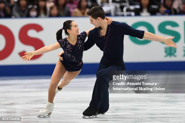 Sumire Suto and Francis Boudreau-Audet of Japan compete in the Pairs free skating during the ISU Grand Prix of Figure Skating at on November 11, 2017...