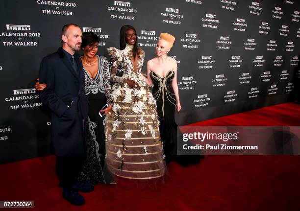 Tim Walker, Jaha Dukureh, Duckie Thot and Thando Hopa attend Pirelli Calendar 2018 Launch Gala at The Manhattan Center on November 10, 2017 in New...