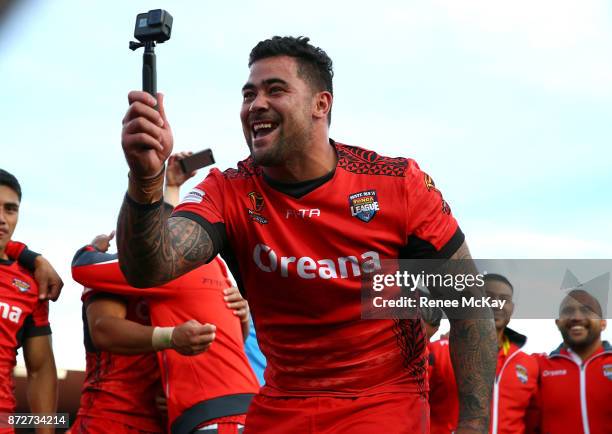 Andrew Fifita of Tonga takes a selfie during the 2017 Rugby League World Cup match between the New Zealand Kiwis and Tonga at Waikato Stadium on...