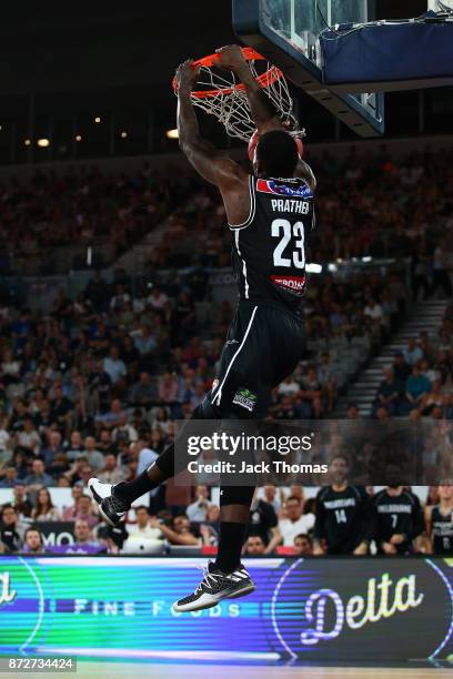 Casey Prather of Melbourne United dunks during the round six NBL match between Melbourne United and the Sydney Kings at Hisense Arena on November 11,...