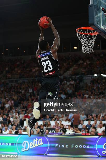 Casey Prather of Melbourne United dunks during the round six NBL match between Melbourne United and the Sydney Kings at Hisense Arena on November 11,...
