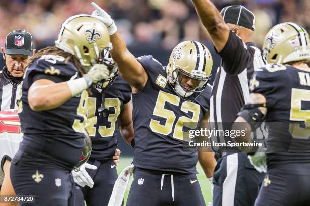 New Orleans Saints linebacker Craig Robertson celebrates during a game between the Tampa Bay Buccaneers and New Orleans Saints at the Mercedes Benz...