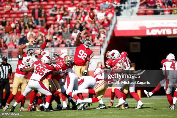 Phil Dawson of the Arizona Cardinals kicks a PAT during the game against the San Francisco 49ers at Levi's Stadium on November 5, 2017 in Santa...