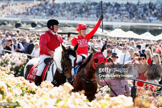 Kerrin McEvoy aboard Redzel returns to scale after winning race 7 the Darley Classic during 2017 Stakes Day at Flemington Racecourse on November 11,...