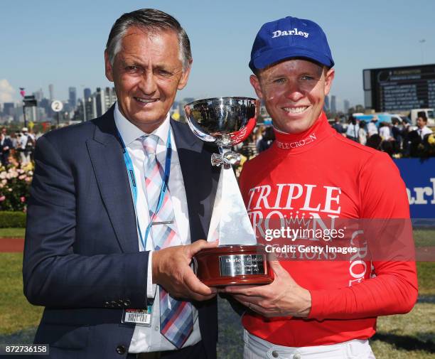 Trainer Peter Snowden and jockey Kerrin McEvoy and owners pose with the trophy after winning with Redzel in race 7 the Darley Classic during 2017...