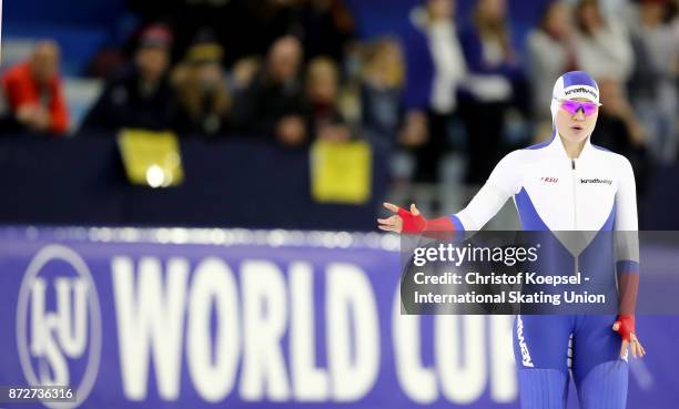 Olga Fatkulina of Russia competes during the first ladies 500m Division A race on Day One during the ISU World Cup Speed Skating at the Thialf on...