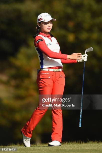 Yuting Seki of China watches her tee shot on the 2nd hole during the second round of the Itoen Ladies Golf Tournament 2017 at the Great Island Club...