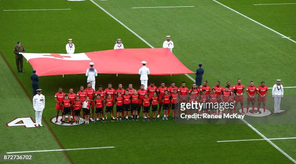 Tonga stand in line for the national anthem during the 2017 Rugby League World Cup match between the New Zealand Kiwis and Tonga at Waikato Stadium...